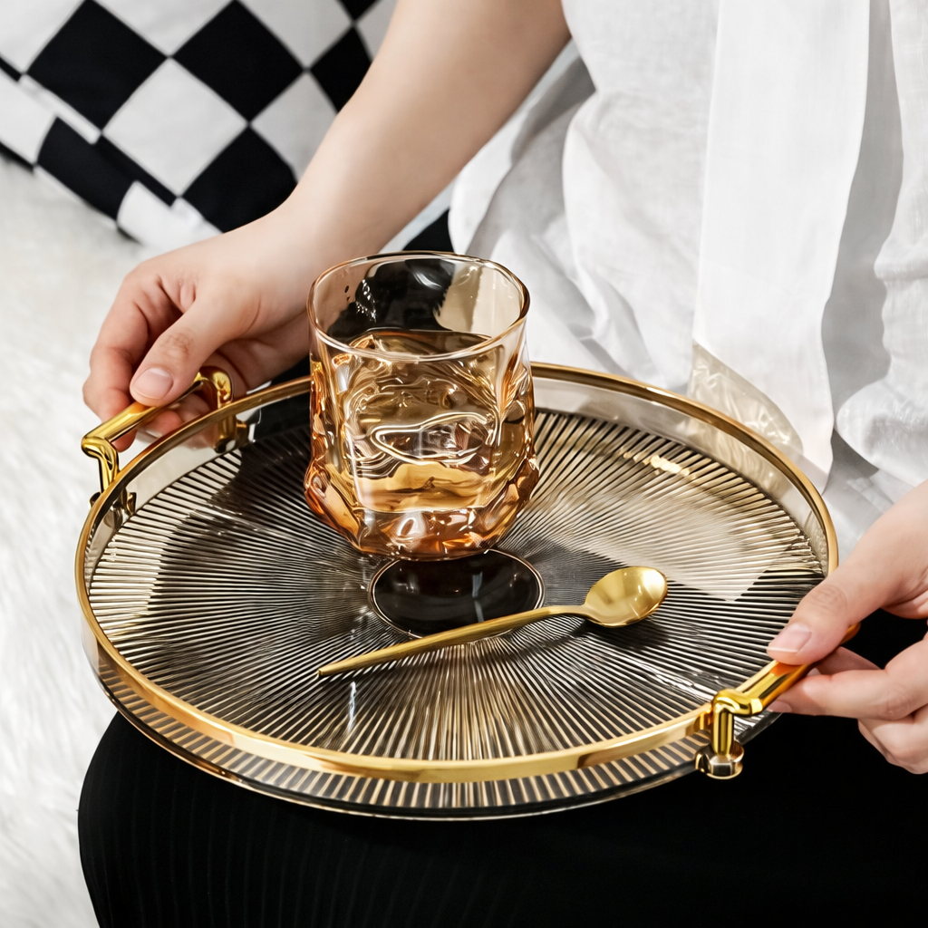 Luxury Gold Rim Round Serving Tray with Glass Top & Spoon – Elegant Home Décor & Serving Platter
